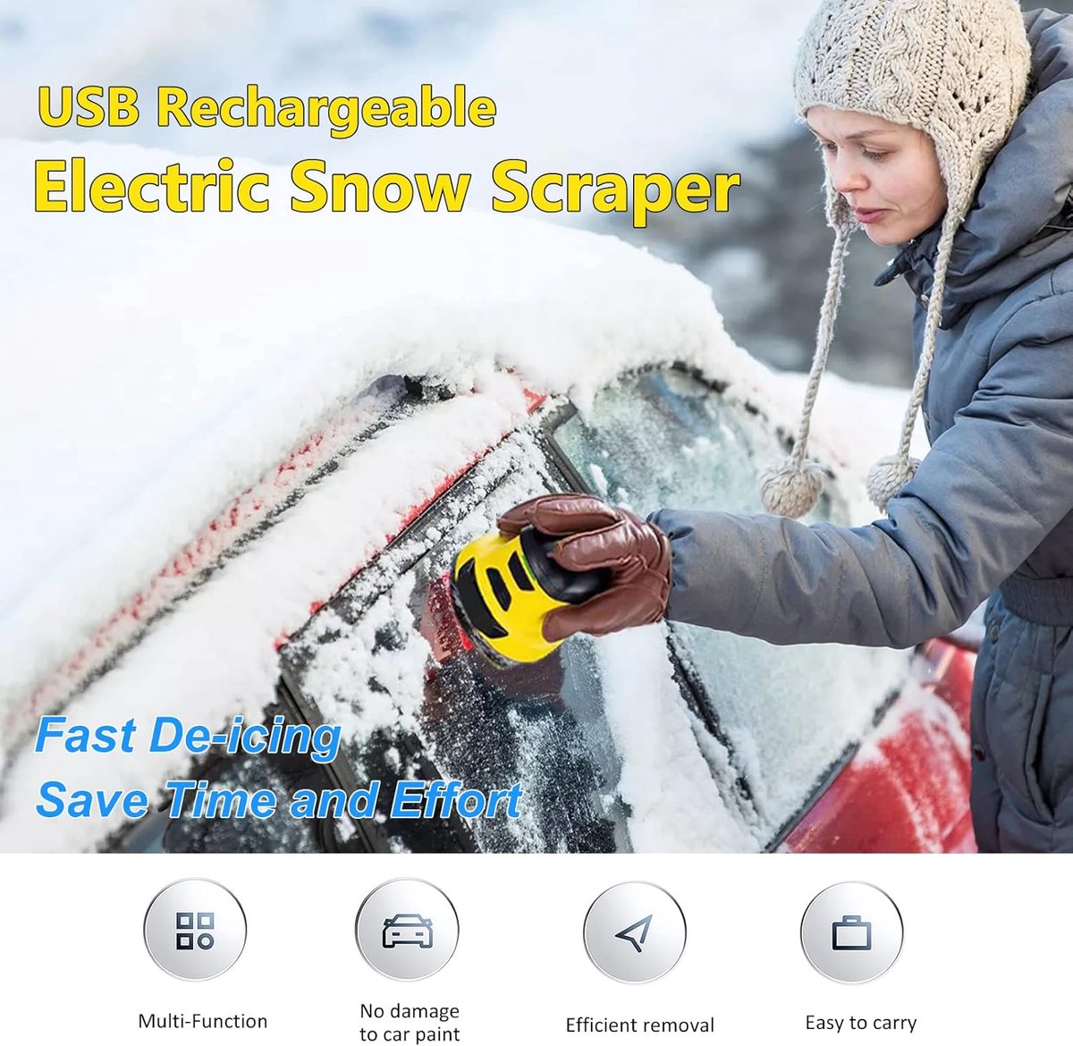 Elektrische ijskrabber - IJskrabber Auto - Sneeuw-ijskrabber met roterende schijf - Batterijduur 60 min - Ronde IJskrabber - Oplaadbaar USB - Auto - Scooter - Ramen en windschermen - Cadeaus geschikt voor de winter - Geel – foto 5