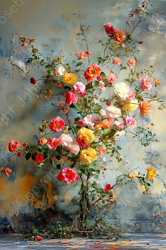 JJ-Art (Toile) 60x40 | Fleurs sur arbuste devant vieux mur, coloré, style peint, art, plant, Bloem, gris, bleu, rouge, blanc, jaune, moderne | Impression sur toile Photo-Painting (décoration murale)