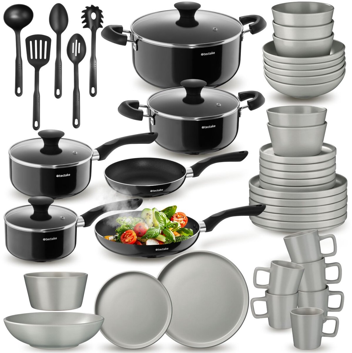 tectake® Complete Kookgerei Set voor 6 Personen - 45-delige Keukengerei Set met Servies en Pannen - Pannenset met Koekenpan - Serviesset - Magnetron- en Vaatwasserbestendig - Keukenset Perfect voor Starters - Grijs/Zwart