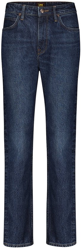 Donkerblauwe Lee damesjeans met rechte pijpen en ritssluiting.