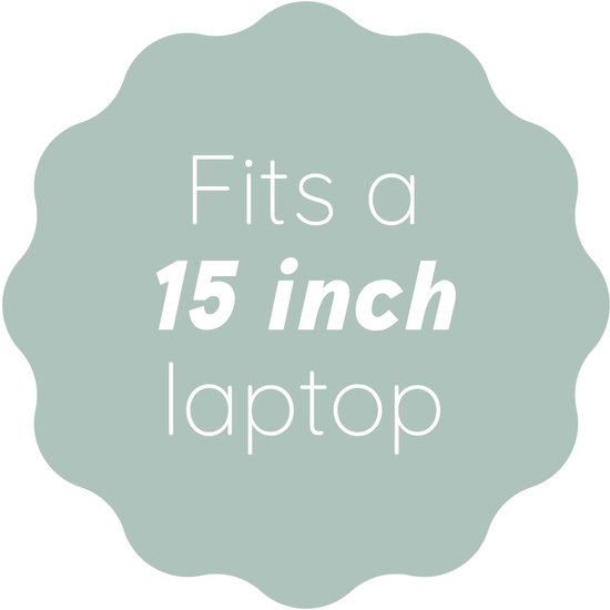 Rond label met de tekst 'Fits a 15 inch laptop' in lichtgroen.
