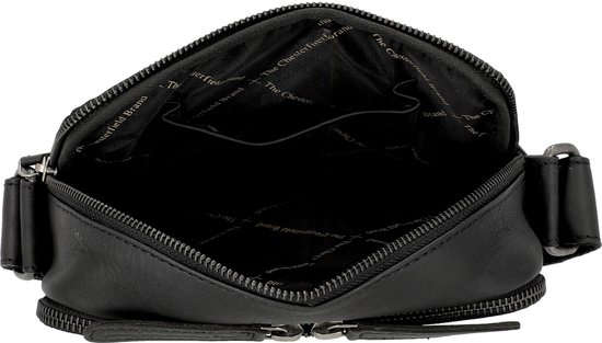Open zwarte leren schoudertas toont het logo 'The Chesterfield Brand' op de voering.