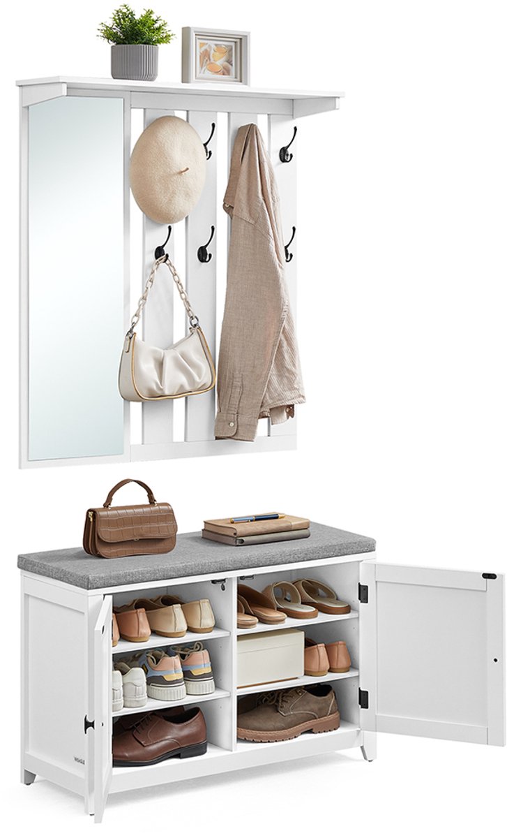 Vasagle - Schoenenbank/wandkapstok met 8 haken - met spiegel - – 82 cm breed – Wolkenwit