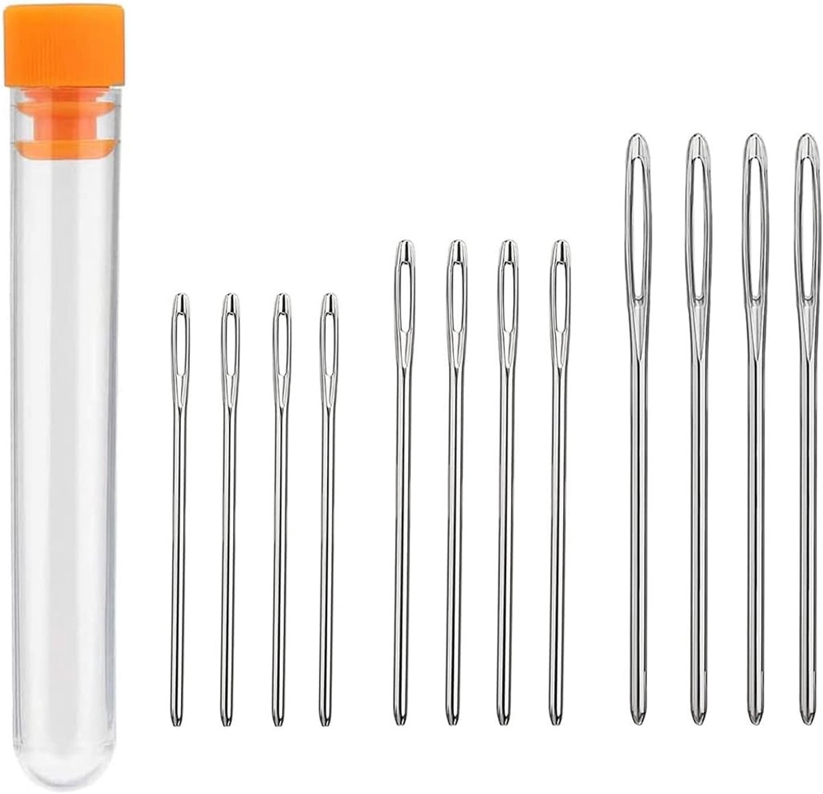 Famanu – Stopnaalden met groot oog set 12 stuks in transparante opbergfles