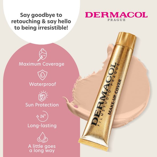 Gouden tube Dermacol Make-Up Cover foundation op een foundationvlek. Met icoontjes: max coverage, waterproof, zonbescherming, langdurig.