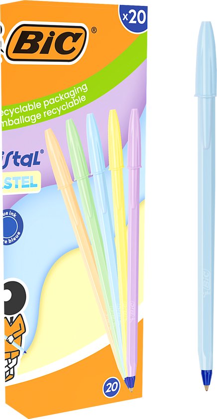 BIC Cristal Pastel Balpen - 20 Stuks - Voordeelverpakking 5 Pastelkleuren - Navulbaar School Kantoor
