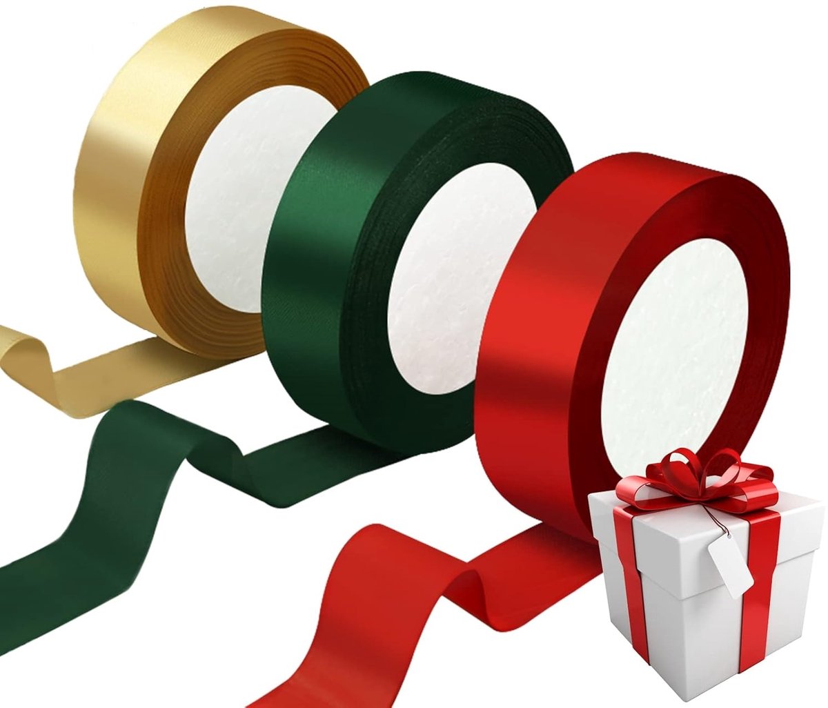TuseRxln Kerstlint - Satijnlint - 25mm x 66m Voor Geschenken En Decoraties - 3 Rollen - Rood, Donkergroen, Goud