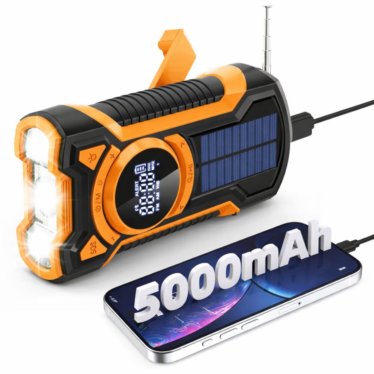 Guardyan® Draagbare noodradio - Powerbank 5000 mAh - Zaklamp - Solar Opwindbaar - Solar Powerbank Zonneenergie - SOS alarm - USB-C kabel - Noodpakket - Kunststof - Oranje