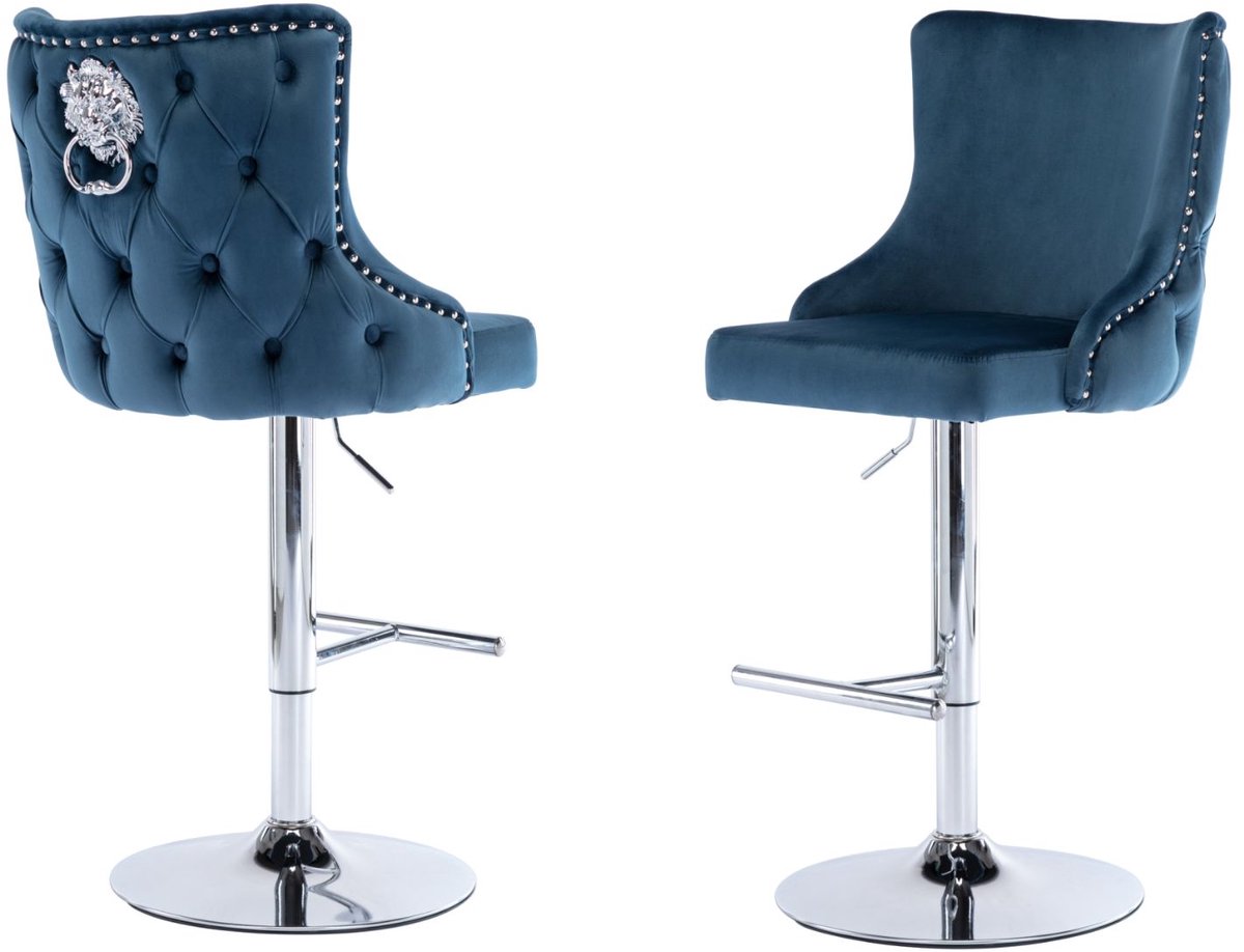 chairus Barkruk Set van 2 Barstoelen - Blauw - Velvet - Draaibare en in hoogte verstelbare - Met Leeuwbeslag - Met Metalen Onderstel en Voetsteun - Armloze stoelen - Voor bar en keuken