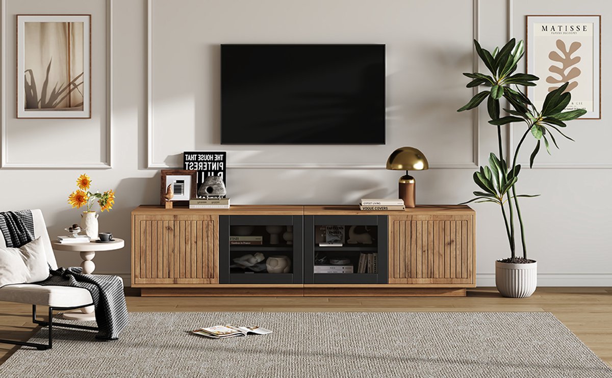REDOM TV-meubel 180 x 40 x 45 cm van spaanplaat in naturel hout en zwart, met gehard glas & LED Natuurlijk