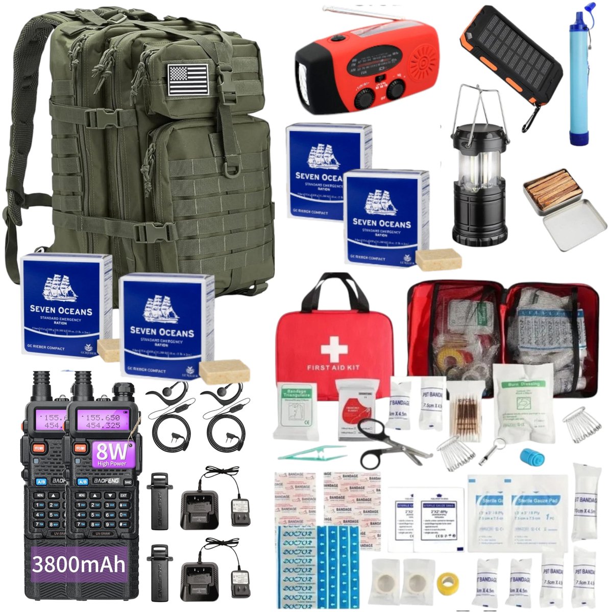 Noodrugzak Compleet Noodpakket Communication Edition Rampsituatie - Groen - Noodrantsoen - Waterfilter - Noodradio - EHBO Kit - Black Out Solar - Solar Powerbank - Walkie Talkie Set - Eco Firelighters