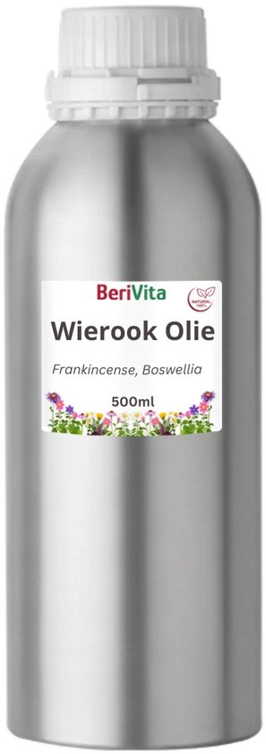 Zilverkleurige fles van 500ml Berivita Wierook Olie, met een label met bloemen en de tekst Frankincense, Boswellia.