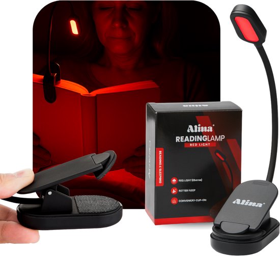 Alinastore Roodlicht Leeslampje - Stimuleert Melatonine en Bioritme voor Betere Slaap - Klemlamp voor in Bed - Leeslampje voor Boek - Rood Licht Lamp