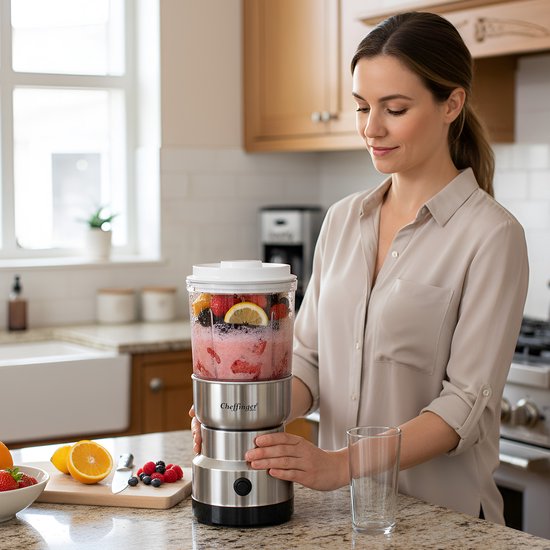 Cheffinger, Mini-Blender 300W 2-in-1 met roestvrijstalen messen en koffiemolenfunctie, Grijs van Merkloos — afbeelding 2