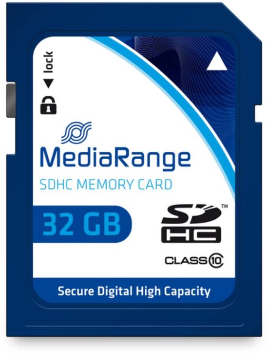 Blauwe MediaRange SDHC geheugenkaart van 32 GB, klasse 10, met tekst 'Secure Digital High Capacity'.