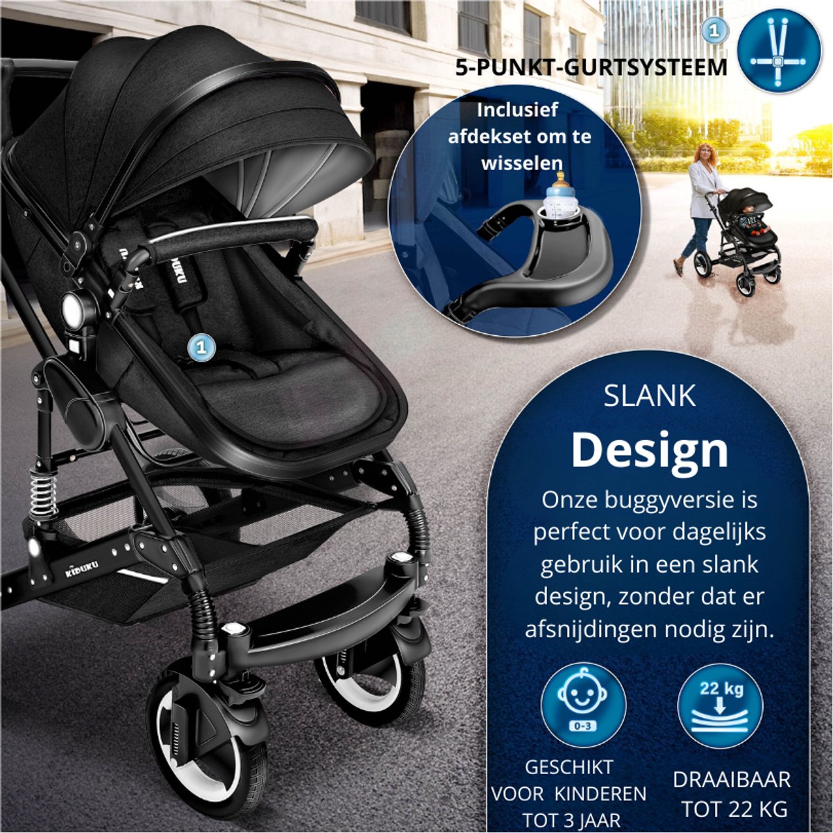 Buggy-Kinderwagen 3 in 1-kinderwagens Complete Set -One -Click Opvouwbare Kinderwagen-Kinderwagen Set voor Baby's Pasgeborenen XXL Set-(Bruin / Goud). – foto 2