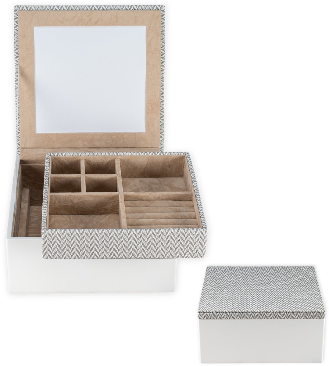 Cavill - Sieradendoos Compact - 18x8,5x18 cm - Geometrisch Design - Spiegel & Viltvoering - Vakjes voor Ringen en Kettingen