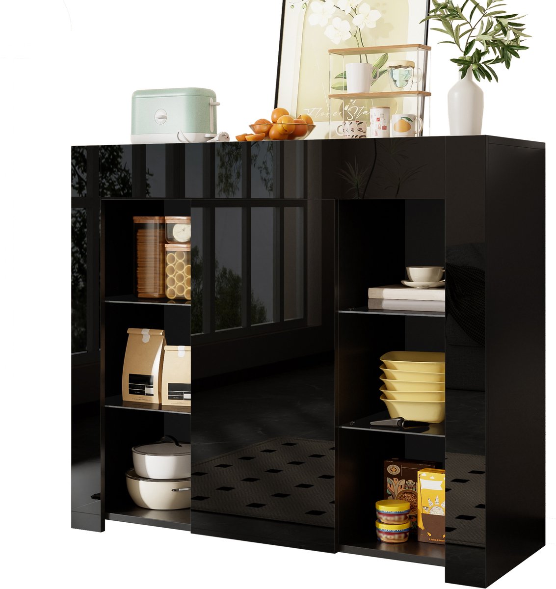 Clruro Moderne Zwarte Buffet-Met Hoogglans Front-Kompakte Opberglossing met Glasplanken-Voor Woonkamer, Eetkamer of Keuken-Zwart