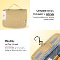 Boven: beige toilettas, gesloten. Onder: Detail van de ophanghaak en klittenbandsluiting.
