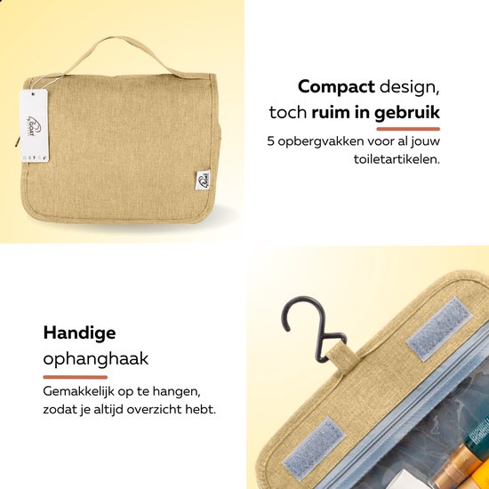 Boven: beige toilettas, gesloten. Onder: Detail van de ophanghaak en klittenbandsluiting.