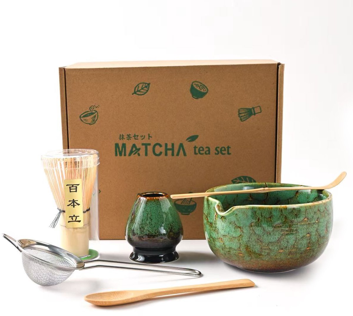 Matcha Set - 6-Delig - Keramische Kom, Bamboe Whisk & Zeef