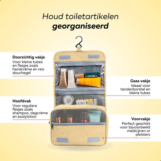 Beige toilettas open met drie vakken, gevuld met diverse toiletartikelen zoals tubes en potjes.