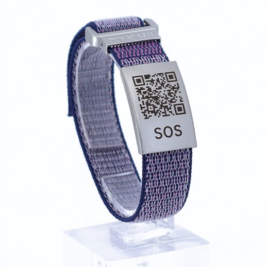 DynaTag SOS Armband Medische Armband met QR-code - Textiel Paars - Volwassenen en Kinderen