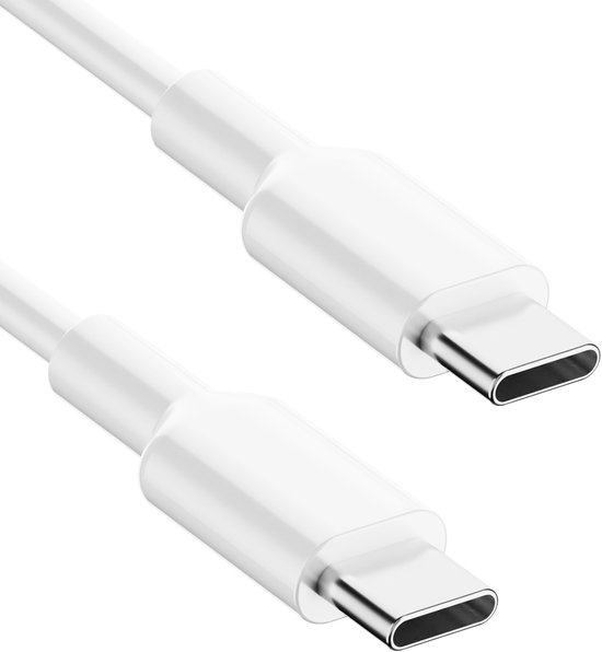 Close-up van een witte USB-C naar USB-C kabel met twee connectoren.