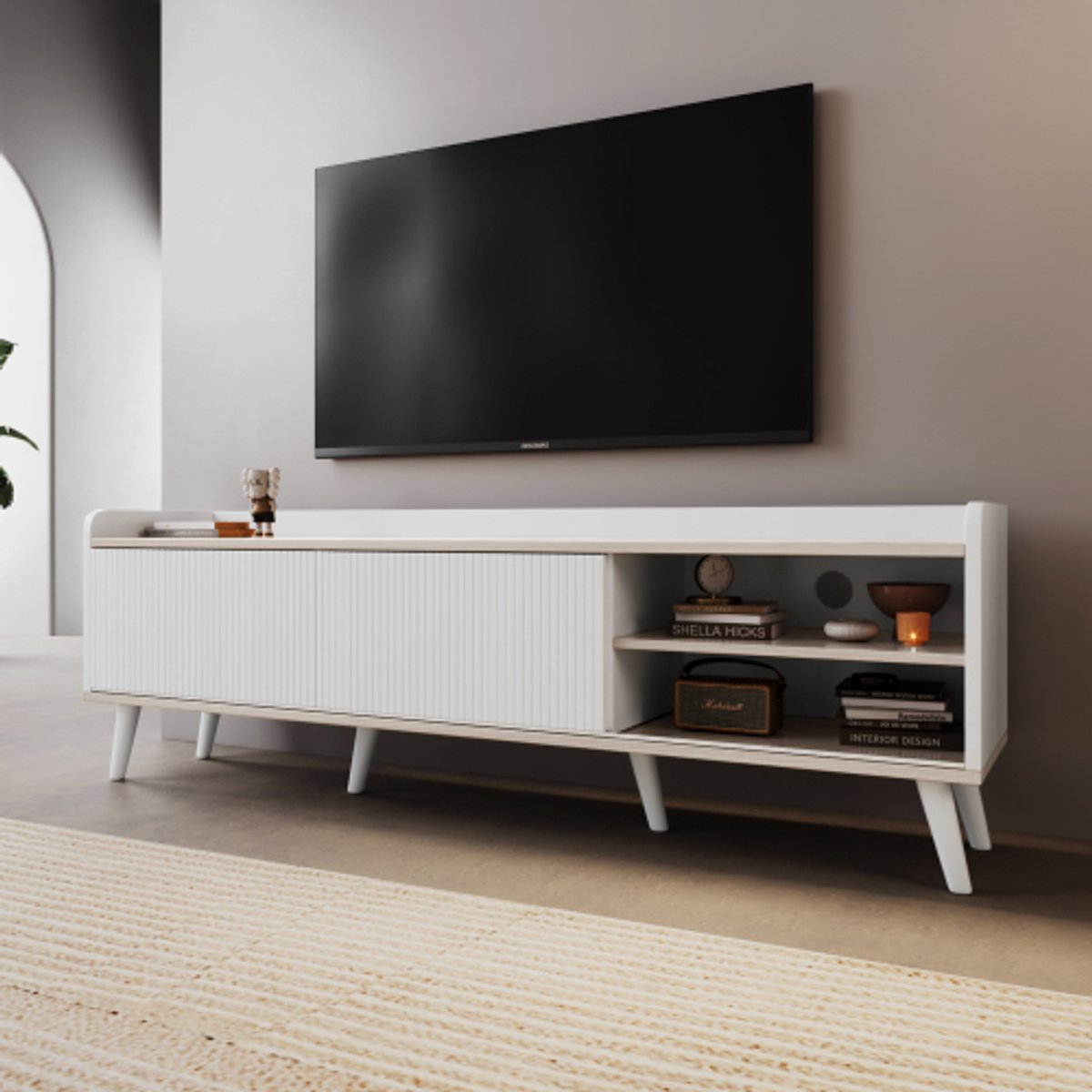 TV-Meubel met 2 Lades en Schuifdeuren – TV-Lowboard in Wit & Houtlook, Moderne Opbergkast 160x40x58 cm