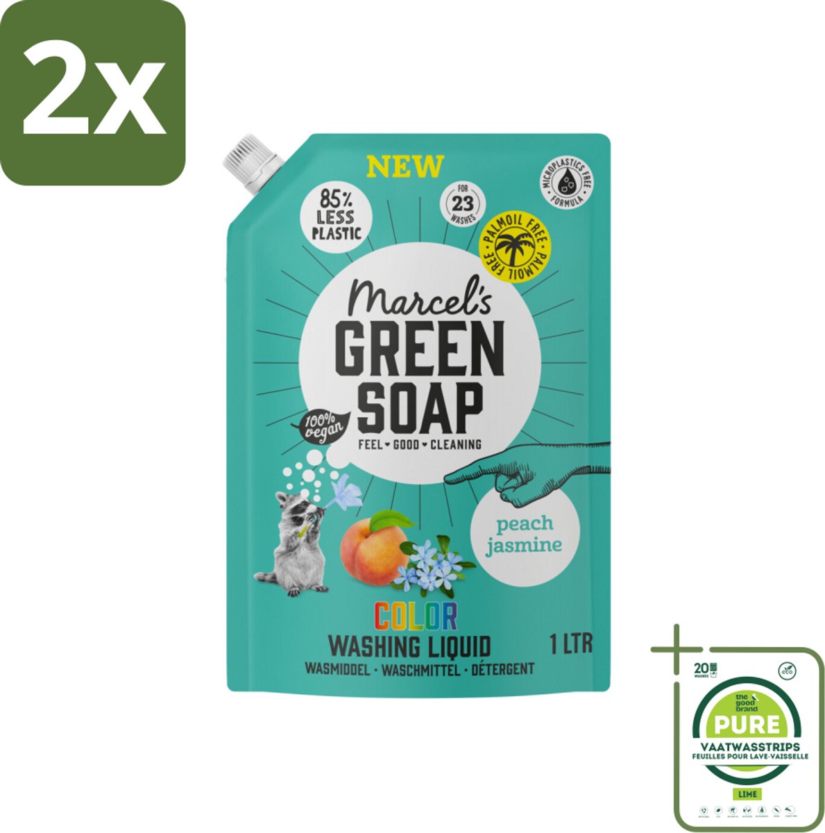 Marcel's Green Soap - Vloeibaar Wasmiddel - Kleur - Navulling - Perzik & Jasmijn - Effectief & natuurlijk - 23 Wasbeurten - 1 liter - Voordeelverpakking - 2 stuks - Wasmiddel - Kleurwasmiddel