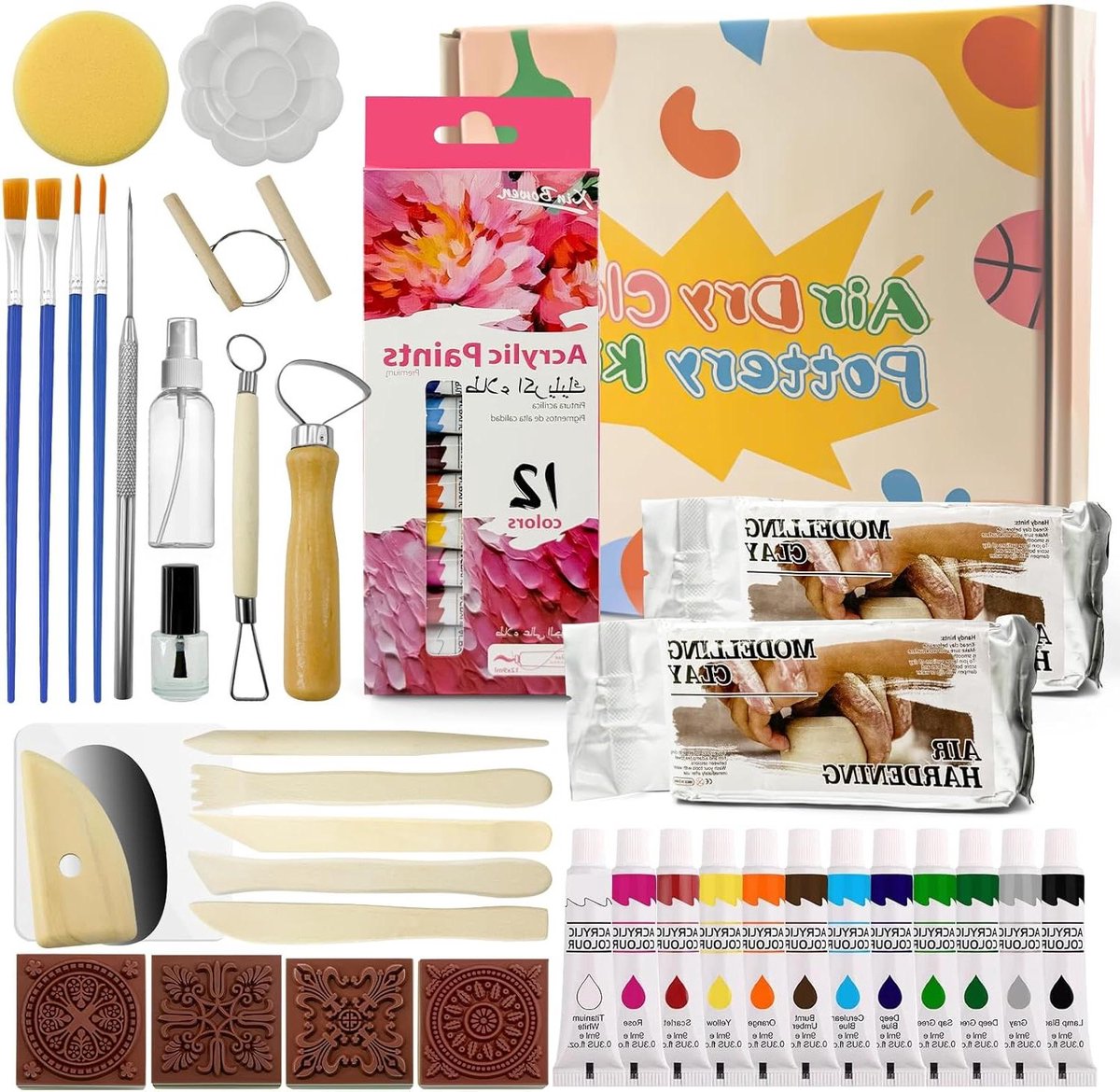 Provento - Klei-pottenbakkersset voor beginners | Thuis DIY set met kleigereedschap | Geschikt voor kinderen en volwassenen | Verfkwast en glitterpalet | Gemakkelijk te maken