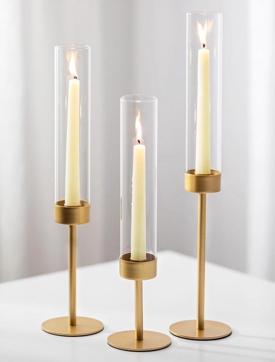 Hewory Gecanneleerde kaarsenhouder geribbeld: set van 3 gouden orkaan glazen kandelaars houder voor taps toelopende kaarsen hoge kandelaars voor bruiloft tafel middelpunt diner kerstdecoraties