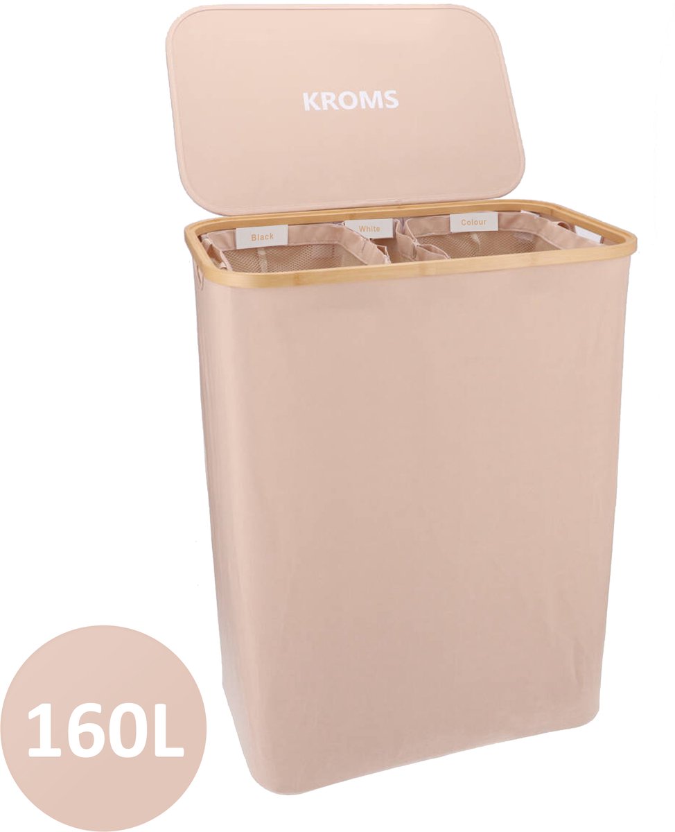 KROMS Wasmand 3 vakken - Zand - 160L - Extra groot model - Inclusief NL & EN Labels – Wassorteerder bamboe - Laundry basket - Wasmand met deksel - Opvouwbaar