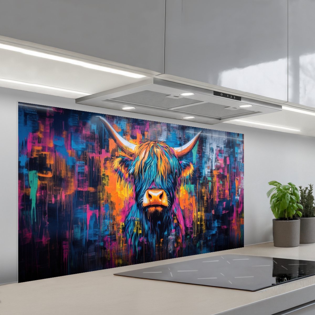 KitchenYeah Spatscherm 120x60 cm Zelfklevende achterwand Schotse Hooglander Abstract Kleurrijk Keuken muurbeschermer Spatwand fornuis