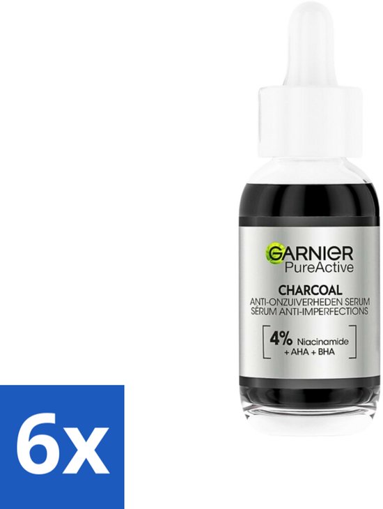 6 x Garnier - PureActive - Serum - AHA + BHA & Charcoal - Tegen Onzuiverheden - 30 ml - Garnier PureActive - Serum - Anti-onzeverheden - AHA - BHA