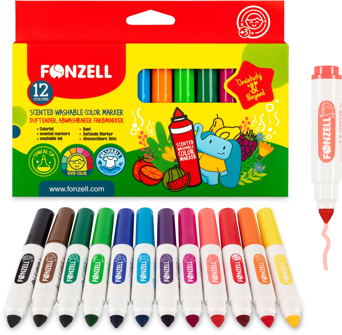 Fonzell Geurstiften – 12 Kleuren – Heldere Kleuren & Creatief Plezier voor Kinderen