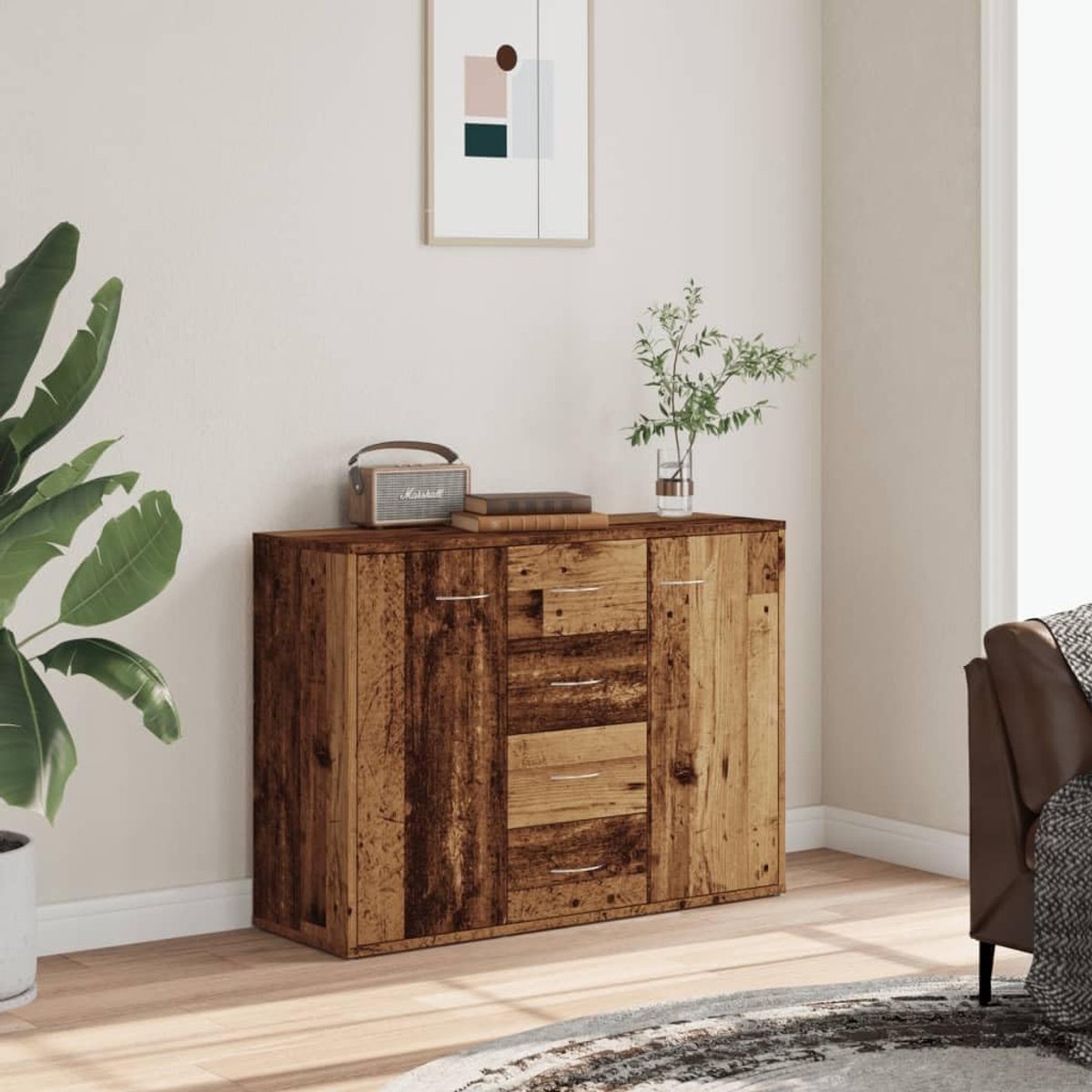 Dressoir Altameubel Vintage – 4 Laden en 2 Deuren Multifunctionele Kast in Oude Houtlook – Bijzetkast voor Woonkamer, Slaapkamer of Kantoor – Modern, Vochtbestendig en Veelzijdig
