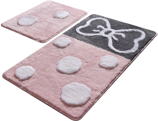Roze badmat met witte bolletjes en een grijze mat met strik-opdruk. Set van 2.