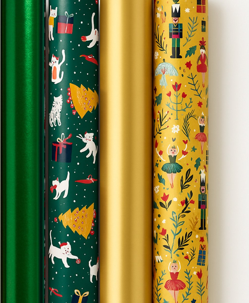 Cadeaupapier – WinterWonder – (4 STUKS) – 200×70 cm – Kerstgroen, Speelse Katten, Goud & Notenkraker Print – Inpakpapier – Feestelijk – Kerst – Luxe Cadeaupapier