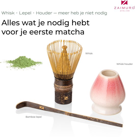 Matcha starterkit met whisk, bamboe lepel en houder. Zaimuro Atelier.