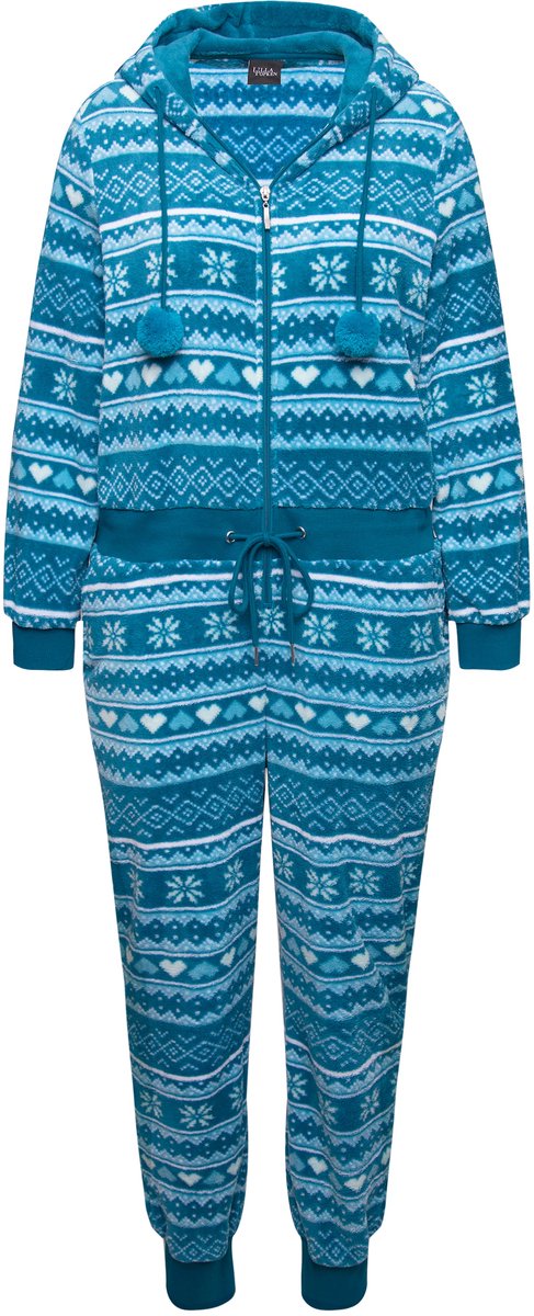 Ulla Popken - Dames - Homewear overall pluche Noors patroon capuchon - Saffier - Maat 50+