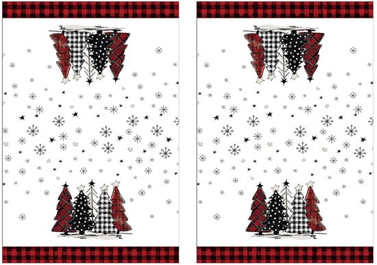 Lot de 2 torchons de Noël - Torchons de cuisine à motif de Noël - Extra doux et absorbants - Motif sapin de Noël - 45 x 66 cm - Idéaux pour faire la vaisselle, s'essuyer les mains et décorer la maison - Wit, rouge, noir