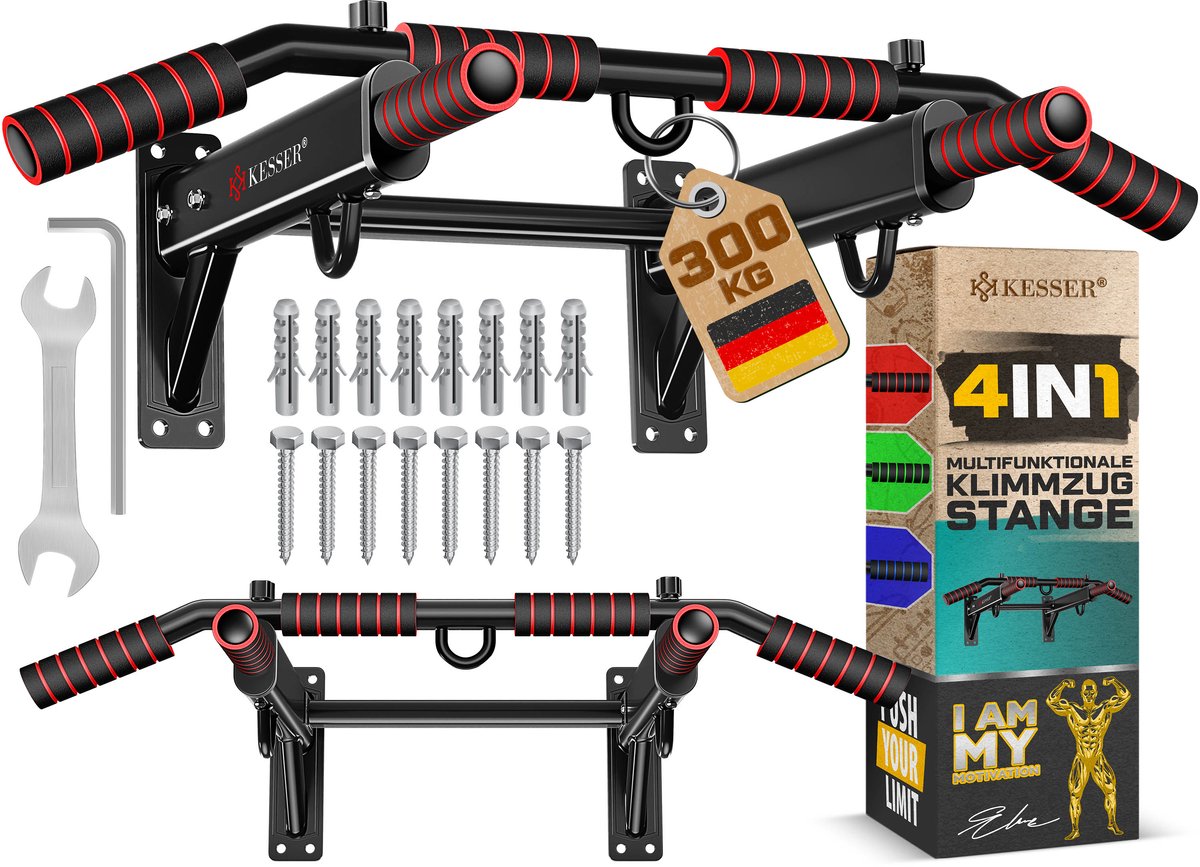 KESSER® Pull up bar Station voor Thuis Sporten - Optrekstang muur inclusief Power Ropes - Fitness Krachttraining Wandmontage - Rood