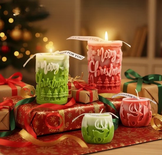 kerst Geurkaarsen (Set van 4 ) – Handgemaakt – Sojawas Mix – 3D Kerst Ontwerp – Olijfgroen & Rood Gradiënt – Fris & Subtiel Aroma