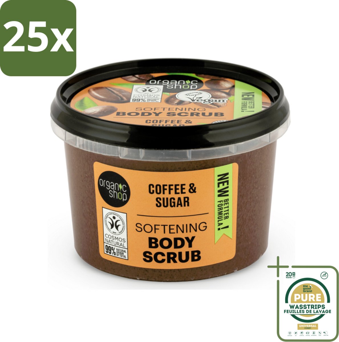 25 x Organic Shop - Organic Coffee & Sugar Body Scrub - Hydraterend en Peeling - 250 ml - Grootverpakking - Body Scrub - Exfolierende Scrub - Hydraterende Scrub - Koffieolie Scrub - Suiker Scrub