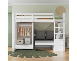 Multifunctionele Hoogslaper 90x200 cm met Ladder, Bank, Opbergruimte en Kledingkast – Kinderbed Massief Hout, Inclusief Lades en Kussens – Wit