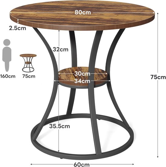 Ronde tafel met houten blad, afmetingen 80x75 cm, met een extra plank en metalen onderstel.