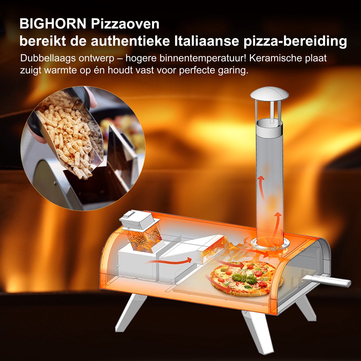 BIGHORN Pizza Pellet Oven - Pizza oven voor Buiten - Pizzaoven Draagbaar - Opvouwbaar - RVS - 15KG - 460° – foto 6