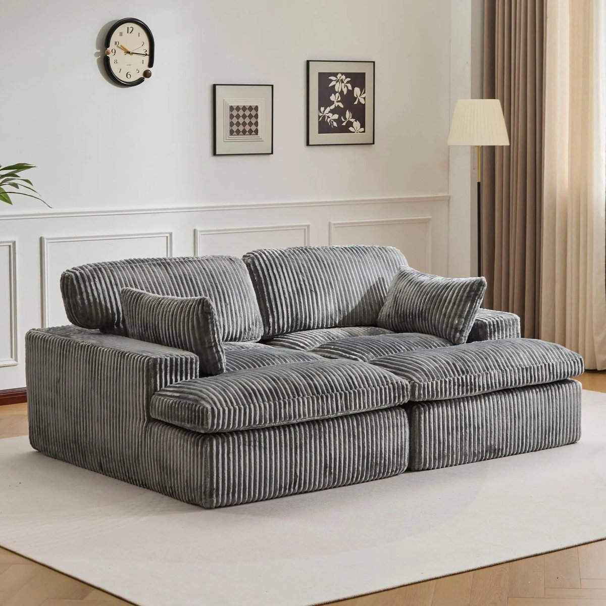 Multifunctionele Corduroy Slaapbank - Opvouwbaar, Met 2 Armleuningen - Comfortabel 4-in-1 Ontwerp – Voor 2 Personen - Direct gebruiksklaar - Extra bed voor gasten - Woonkamer & slaapkamer – 214x145x89cm - Grijs