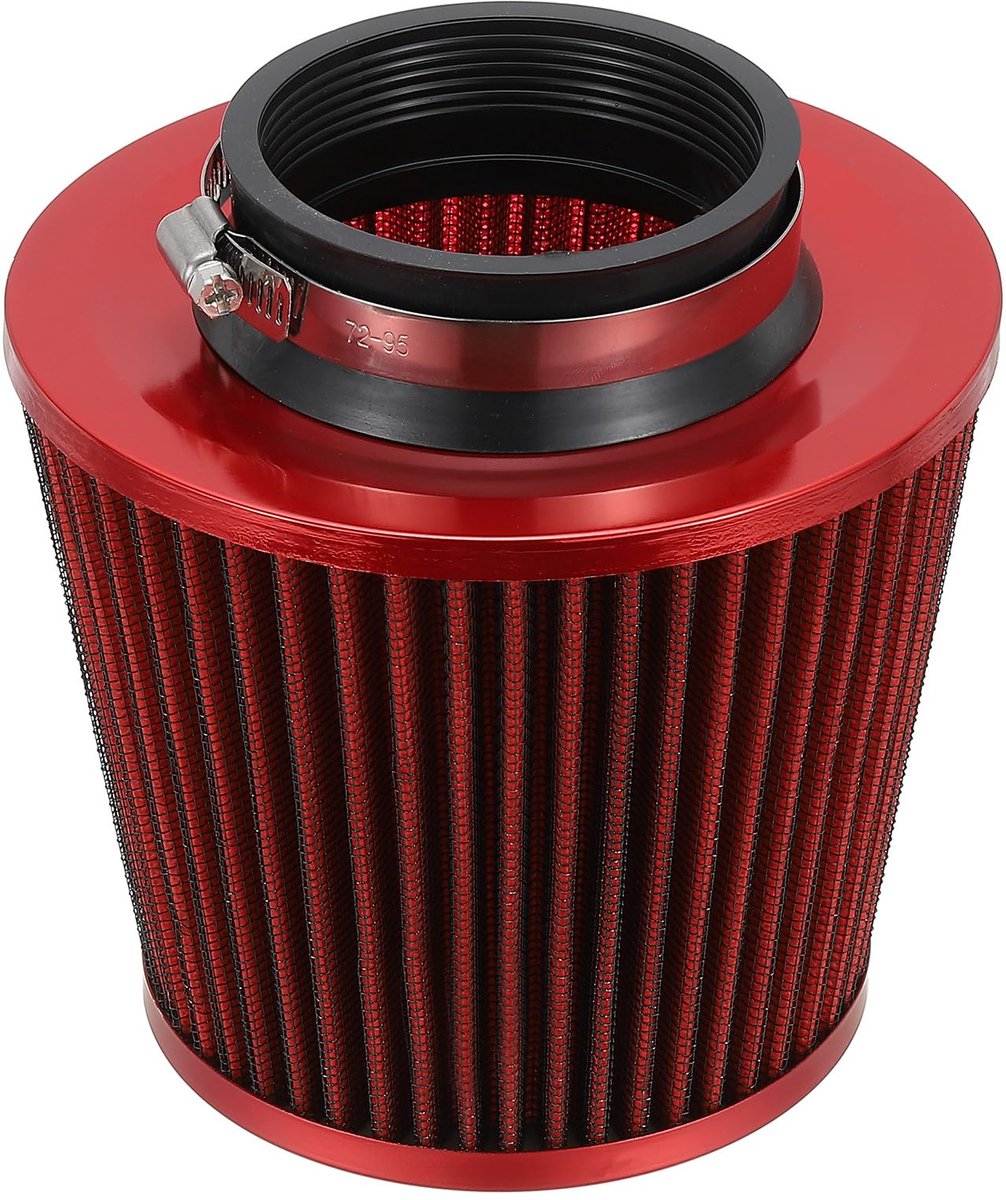 Clamp-on Dry Air Filter 76mm Intake Cold Air Intake Cleaner Cone Replacement Performance Washable Bleed Filter for Dirt Bike Motorcycle Car Red